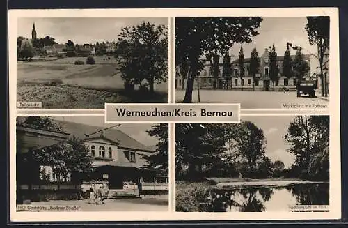 AK Werneuchen, Teilansicht, HO-Gaststätte Berliner Strasse, Marktplatz mit Rathaus, Paddenpuhl im Park