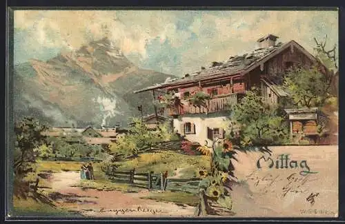 Künstler-AK Theodor Guggenberger: Mittag, Ortspartie in den Alpen, Allegorie