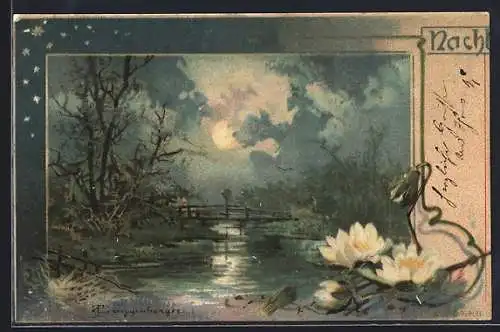 Künstler-Lithographie Theodor Guggenberger: Ejjel, Idylle am Fluss bei Mondenschein