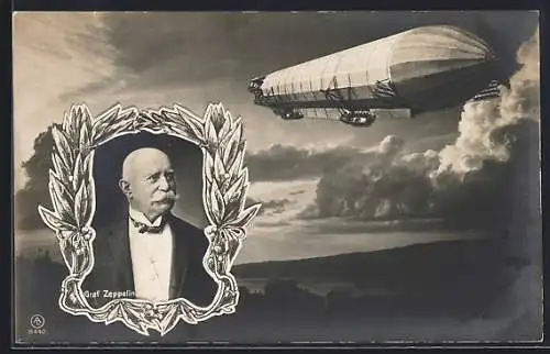 AK Portrait von Graf Zeppelin mit einem Luftschiff