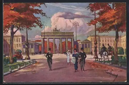 Künstler-AK Berlin, Brandenburger Tor, Blick von Unter den Linden