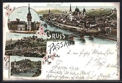 Lithographie Passau, Panorama vom Stadtberge, Rathaus, Oberhaus und Hals