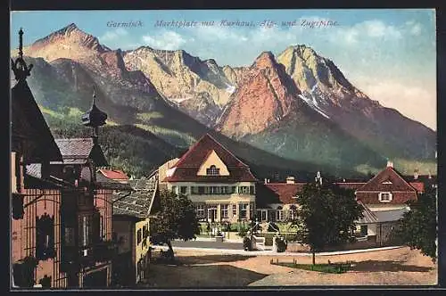 AK Garmisch, Marktplatz mit Kurhaus und Zugspitze