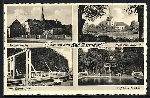 AK Bad Sassendorf, Bismarckstrasse, am Gradierwerk, Blick vom Bahnhof, im grossen Kurpark