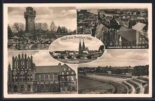 AK Frankfurt /Oder, Kleistturm, Gesamtansicht von der Marienkirche, Ostmark-Stadion