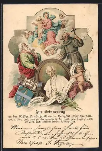 Lithographie Papst Leo XIII. zum 60jähr. Priesterjubiläum, heilige Famile in den Wolken mit Putti, Wappen