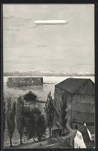 AK Manzell, Die Wiege der Zeppelin-Luftschifffahrt, Zeppelinhanger auf dem Wasser