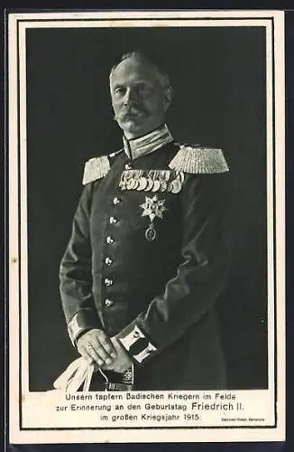 AK Grossherzog Friedrich II. von Baden, in Uniform zum Geburtstag