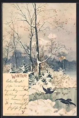 AK Winter, Landschaft am Bach mit Bäumen im Schnee, Allegorie