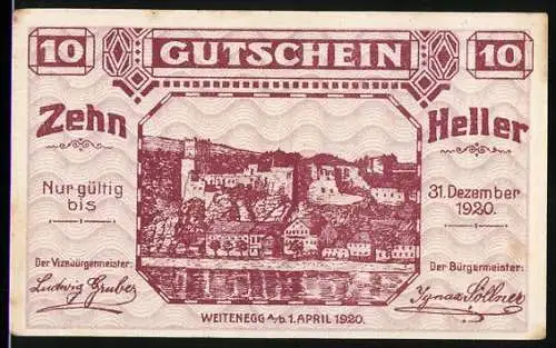 Notgeld Weitenegg 1920, 10 Heller, Burgansicht mit Flusslandschaft