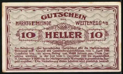 Notgeld Weitenegg 1920, 10 Heller, Burgansicht mit Flusslandschaft