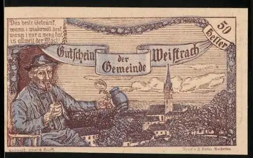 Notgeld Weistrach 1920, 50 Heller, Mann mit Krug und Landschaft, Schloss und Aussichtsturm