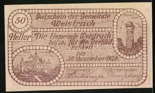 Notgeld Weistrach 1920, 50 Heller, Mann mit Krug und Landschaft, Schloss und Aussichtsturm