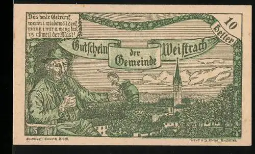 Notgeld Weistrach 1920, 10 Heller, Mann mit Krug und Stadtansicht, Burg und Kirche