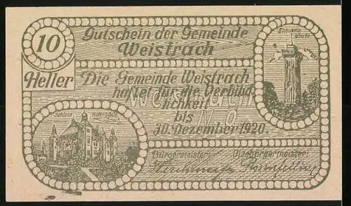 Notgeld Weistrach 1920, 10 Heller, Mann mit Krug und Stadtansicht, Burg und Kirche