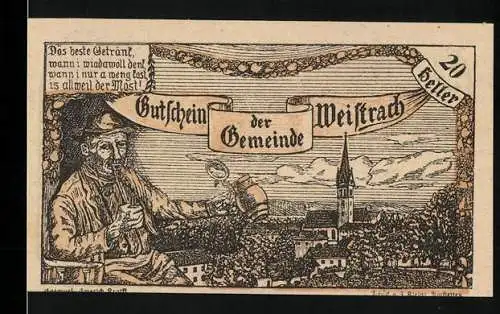 Notgeld Weistrach 1920, 20 Heller, Mann mit Wein und Stadtansicht, Schloss Rohrbach und Aussichtsturm