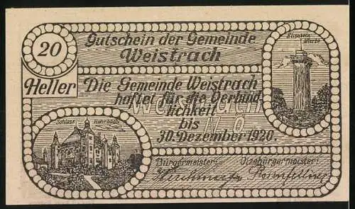 Notgeld Weistrach 1920, 20 Heller, Mann mit Wein und Stadtansicht, Schloss Rohrbach und Aussichtsturm