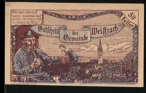 Notgeld Weistrach 1920, 50 Heller, Mann mit Mostkrug und Dorfansicht, Schloss und Aussichtsturm