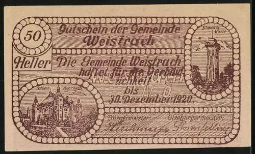 Notgeld Weistrach 1920, 50 Heller, Mann mit Mostkrug und Dorfansicht, Schloss und Aussichtsturm