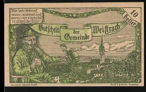 Notgeld Weistrach 1920, 10 Heller, Dorfszene mit Mann, Kirche und Landschaftsmotiv