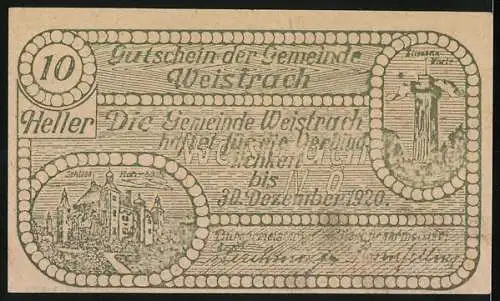 Notgeld Weistrach 1920, 10 Heller, Dorfszene mit Mann, Kirche und Landschaftsmotiv