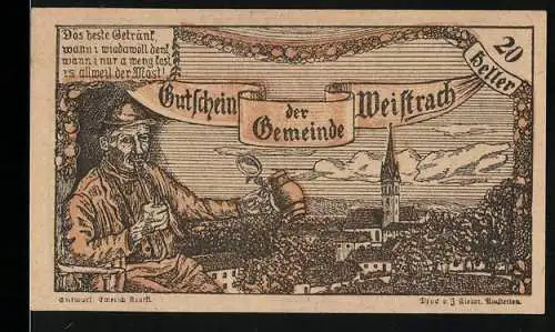 Notgeld Weistrach, 20 Heller, Dorflandschaft mit Mann und Krug, Schloss und Kirchturm