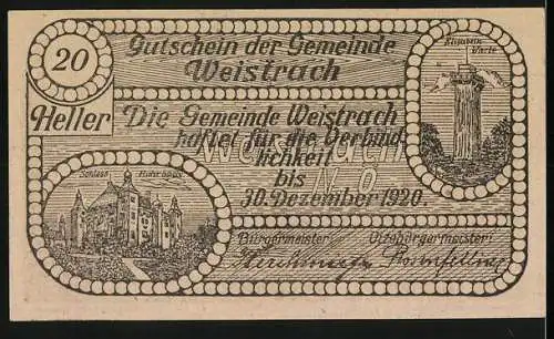 Notgeld Weistrach, 20 Heller, Dorflandschaft mit Mann und Krug, Schloss und Kirchturm