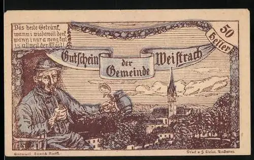 Notgeld Weistrach 1920, 50 Heller, Mann mit Krug und Kirchenansicht, Schloss und Aussichtsturm