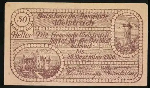 Notgeld Weistrach 1920, 50 Heller, Mann mit Krug und Kirchenansicht, Schloss und Aussichtsturm