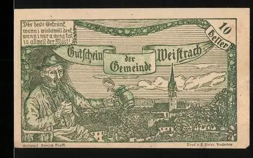 Notgeld Weistrach 1920, 10 Heller, Landschaft mit Dorf und Mann mit Krug, Gebäude und Statue