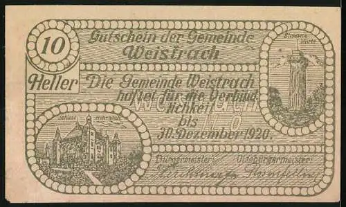 Notgeld Weistrach 1920, 10 Heller, Landschaft mit Dorf und Mann mit Krug, Gebäude und Statue