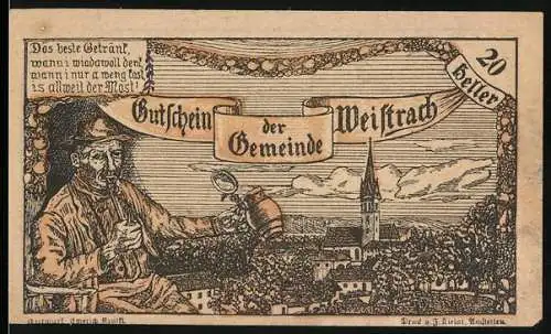 Notgeld Weistrach 1920, 20 Heller, Dorfansicht mit Mann und Kirche, Schloss Rohrbach