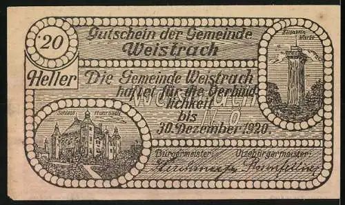 Notgeld Weistrach 1920, 20 Heller, Dorfansicht mit Mann und Kirche, Schloss Rohrbach