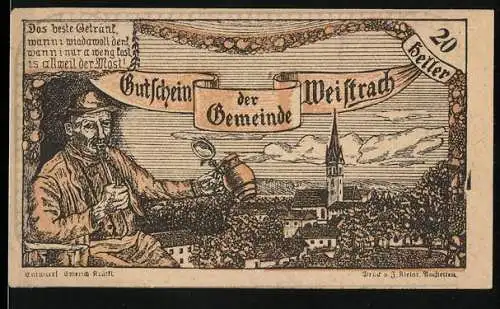 Notgeld Weistrach 1920, 20 Heller, Dorfansicht mit Mann und Mostkrug, Schloss Rohrbach und Aussichtsturm