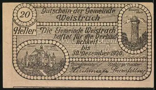 Notgeld Weistrach 1920, 20 Heller, Dorfansicht mit Mann und Mostkrug, Schloss Rohrbach und Aussichtsturm