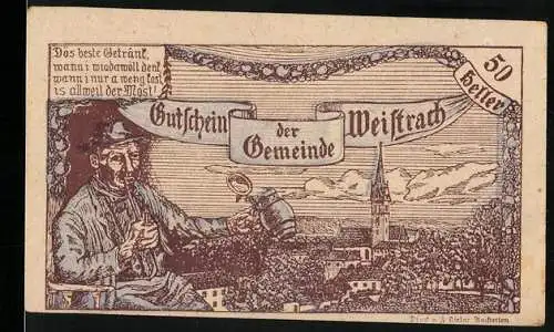 Notgeld Weistrach 1920, 50 Heller, Mann mit Krug und Landschaft, Schloss und Aussichtsturm