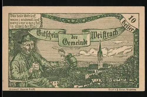 Notgeld Weistrach 1920, 10 Heller, Dorfszene mit Mann und Kirche, Schloss und Ruine, mit Spruchband