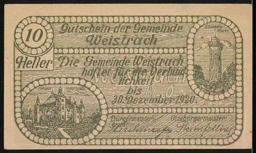 Notgeld Weistrach 1920, 10 Heller, Dorfszene mit Mann und Kirche, Schloss und Ruine, mit Spruchband