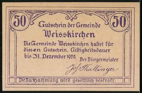 Notgeld Weisskirchen 1920, 50 Heller, Kirche und dekorative Schriftzüge