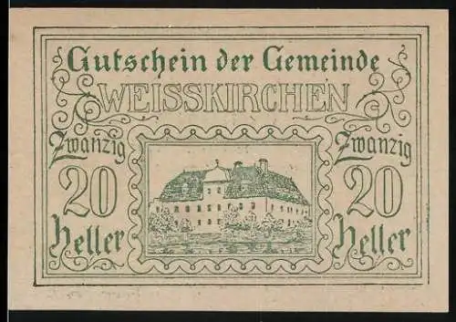 Notgeld Weisskirchen 1920, 20 Heller, Gemeindehaus-Motiv, Gültigkeitsdauer bis 31. Dezember 1920