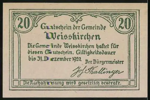 Notgeld Weisskirchen 1920, 20 Heller, Gemeindehaus-Motiv, Gültigkeitsdauer bis 31. Dezember 1920