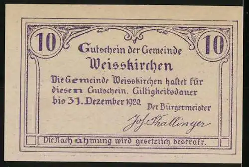 Notgeld Weisskirchen 1920, 10 Heller, Gutschein der Gemeinde mit dekorativem Schriftzug