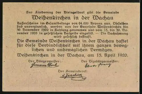 Notgeld Weissenkirchen in der Wachau 1920, 90 Heller, Mädchen auf Landstrasse, blauer und gelber Weinlaub-Dekor