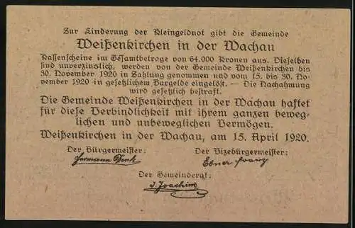 Notgeld Weissenkirchen in der Wachau 1920, 60 Heller, Kirche und Weinlaub-Motiv