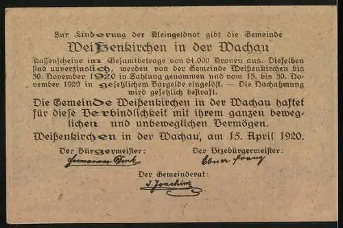 Notgeld Weissenkirchen in der Wachau 1920, 10 Heller, Haus mit Weinreben-Motiv