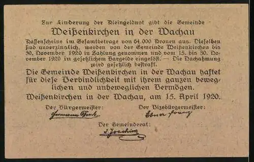 Notgeld Weissenkirchen 1920, 30 Heller, Gassenansicht mit Weinlaub und Traubenornamenten