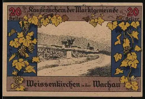 Notgeld Weissenkirchen 1920, 20 Heller, Weinreben und Landschaftsmotiv