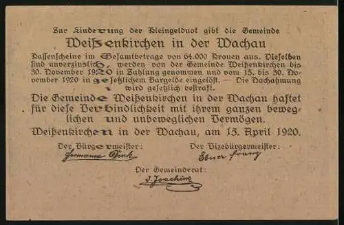 Notgeld Weissenkirchen 1920, 20 Heller, Weinreben und Landschaftsmotiv