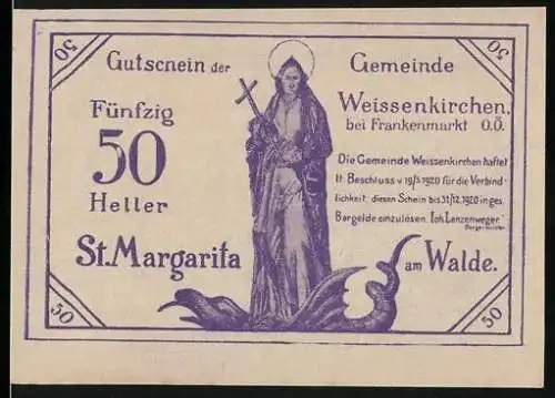 Notgeld Weissenkirchen 1920, 50 Heller, St. Margarita und Pfarrkirche-Motiv