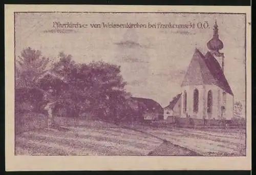 Notgeld Weissenkirchen 1920, 50 Heller, St. Margarita und Pfarrkirche-Motiv